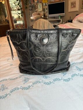 Coach Black Leather Signature Circle Tote